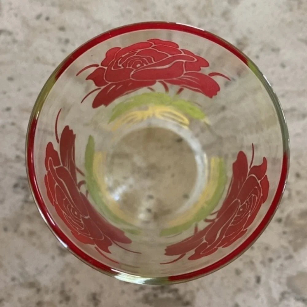4~VINTAGE~HAZEL ATLAS~JELLY GLASS~RED ROSES W/GREEN LEAVES & YELLOW RIBBON~G13